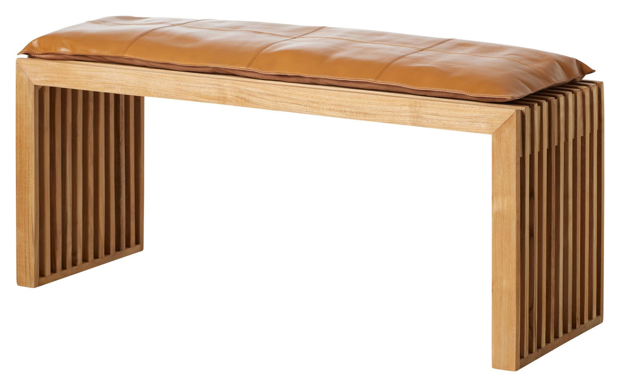 Rib Bench Teak with Light Brown Leather Cushion, B:104