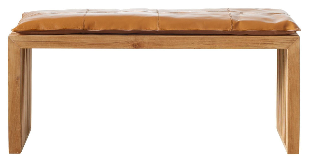 Rib Bench Teak with Light Brown Leather Cushion, B:104