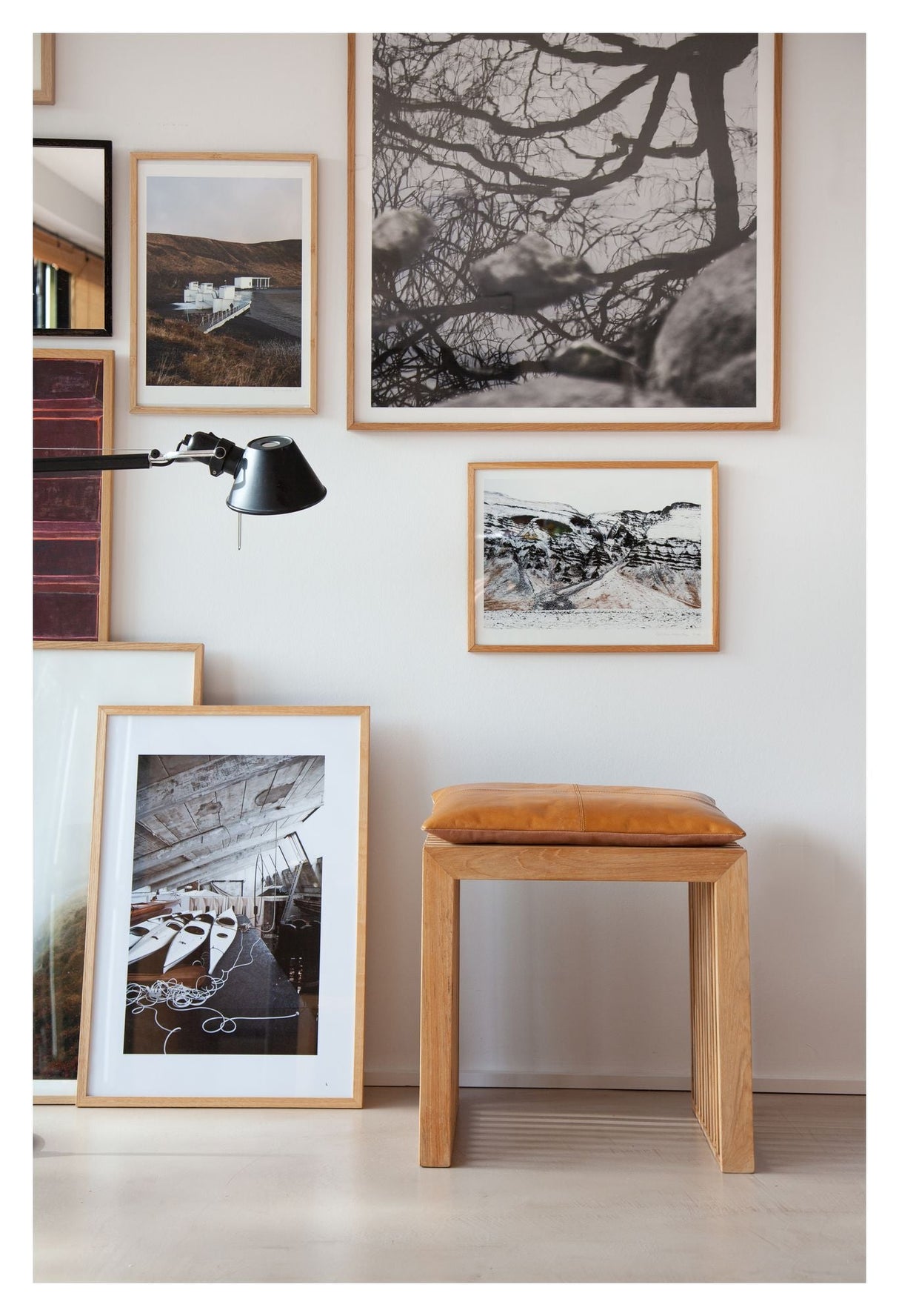 Rib Stool, Teak with Light brown leather cushion, W:45cm