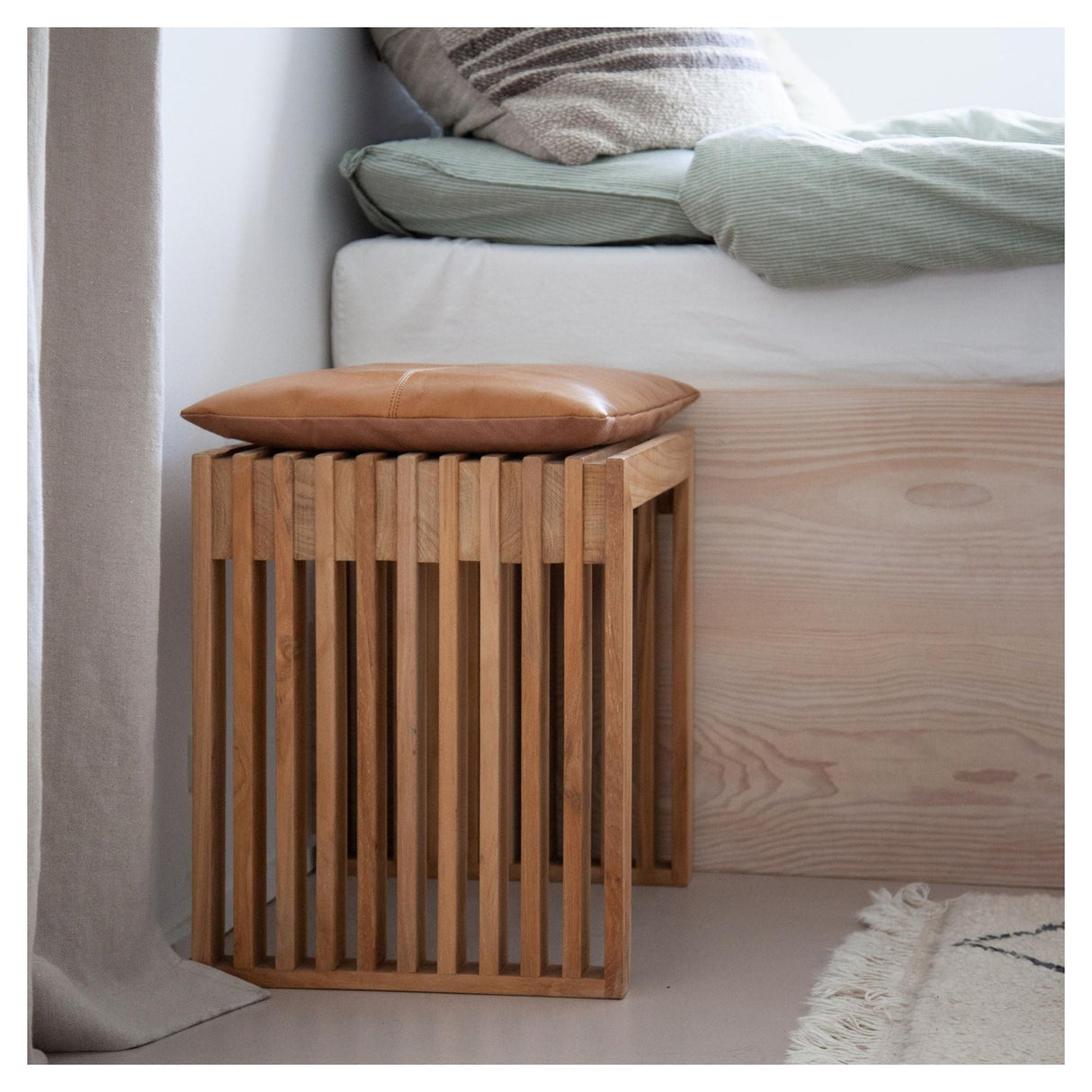 Rib Stool, Teak with Light brown leather cushion, W:45cm