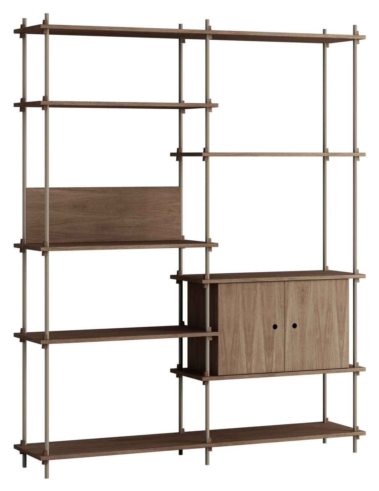 Shelving System w. cabinet, 2 bays, 8 shelves, H:200, Smoked Oak/Gray