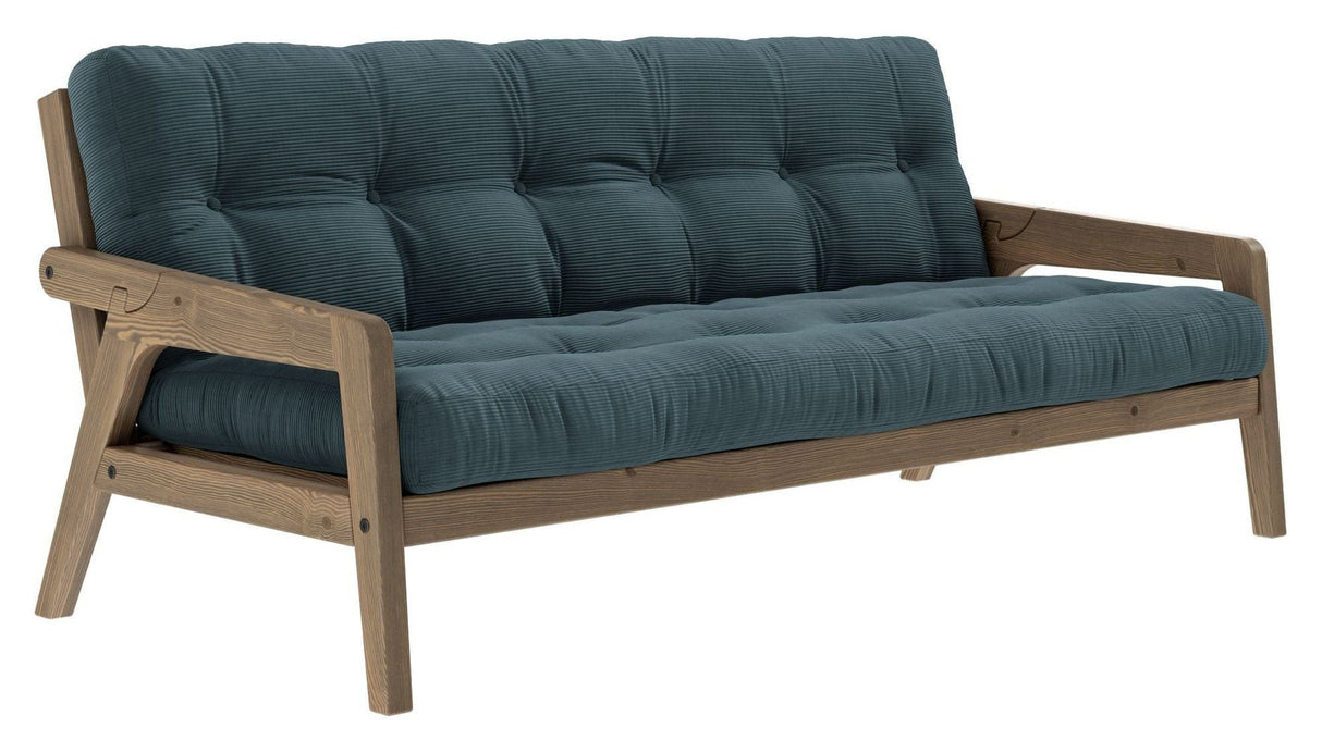 Grab Sofa bed, Brown lacquered pine, Pale Blue velvet