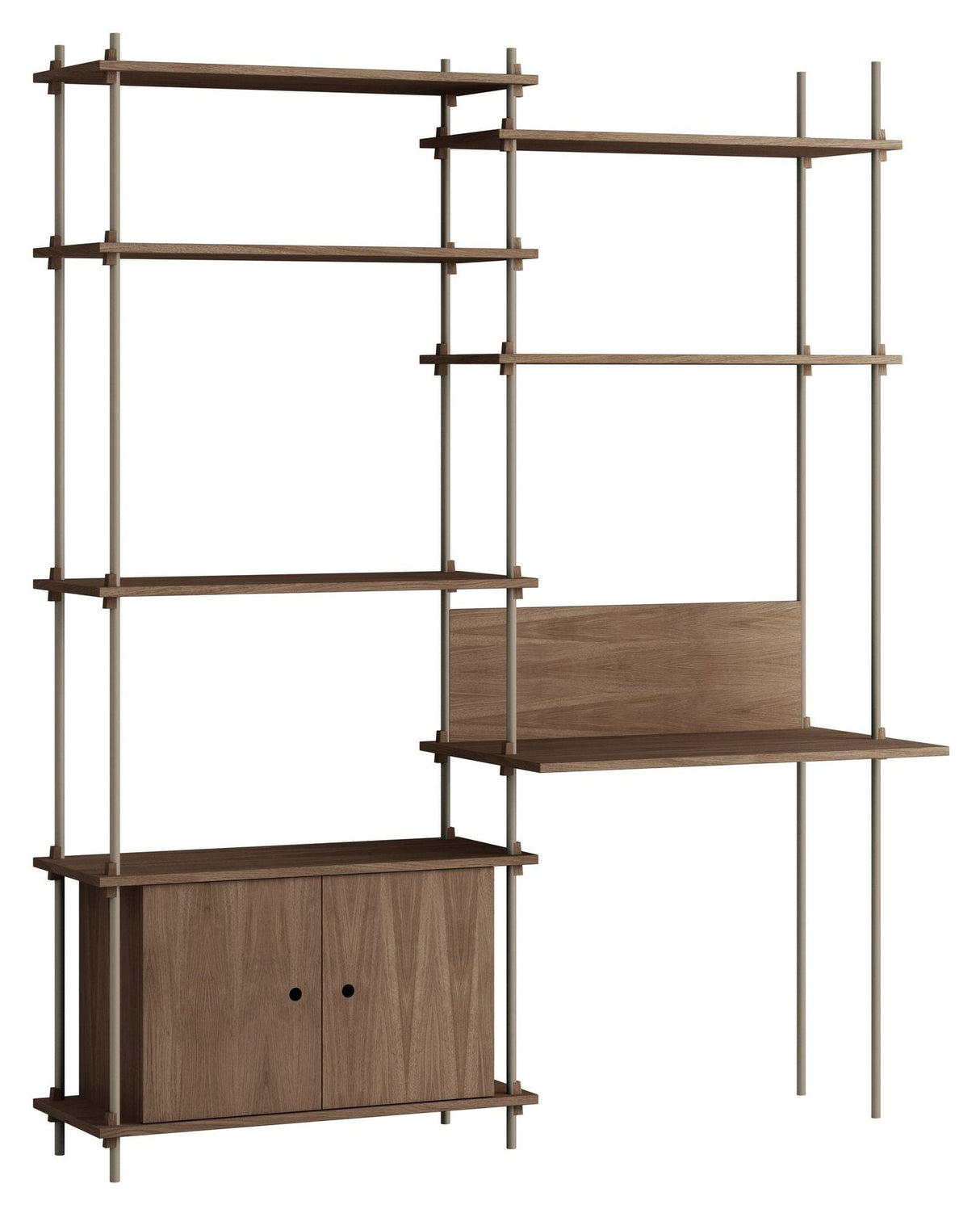 Shelving System with desk and cabinet, 2 bays, 4 shelves, H:200, Smoked Oak/Gray