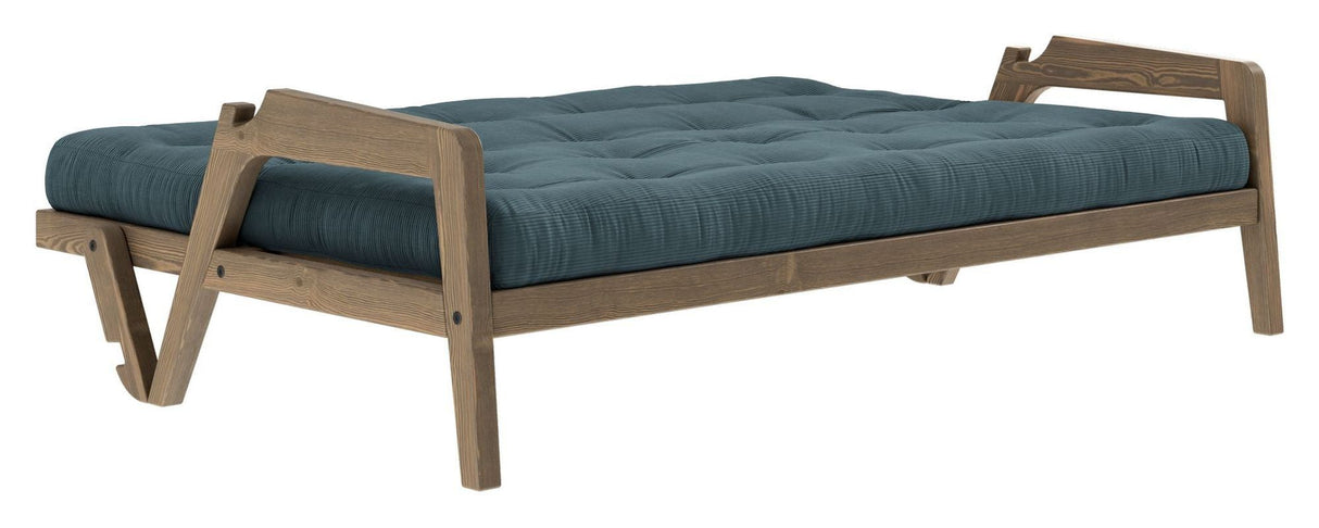 Grab Sofa bed, Brown lacquered pine, Pale Blue velvet