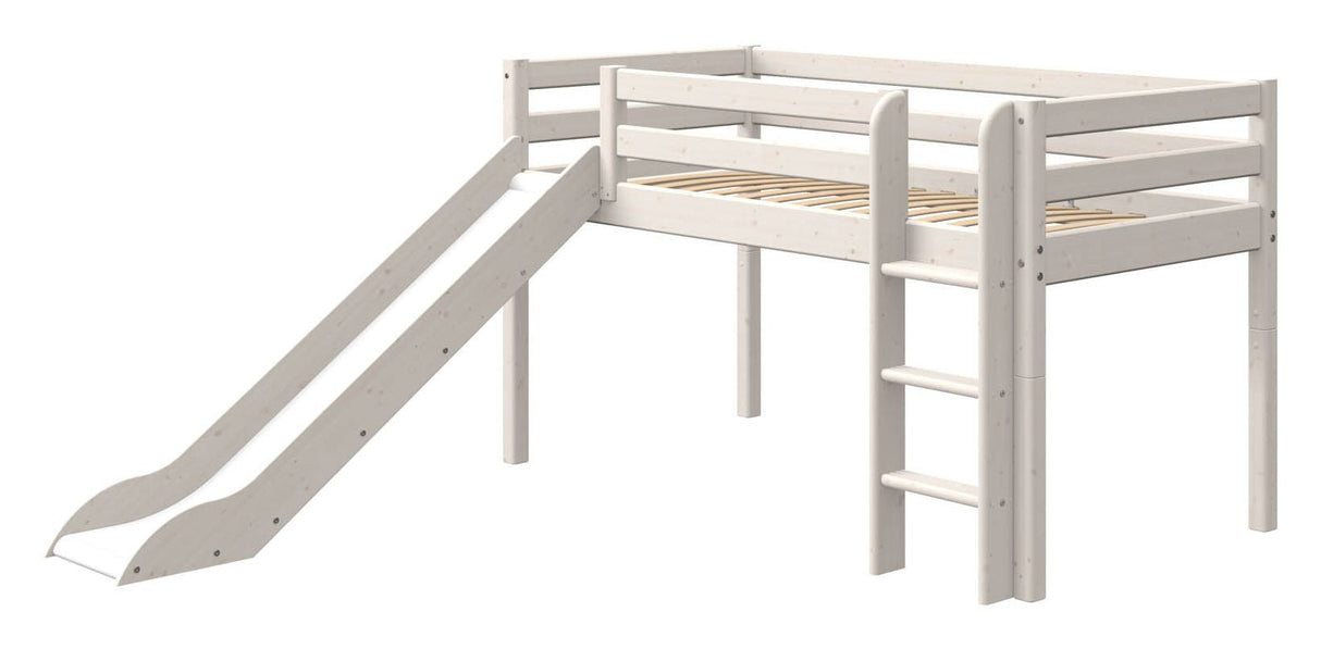 Classic Half-high bed with straight ladder and slide 90x200, White