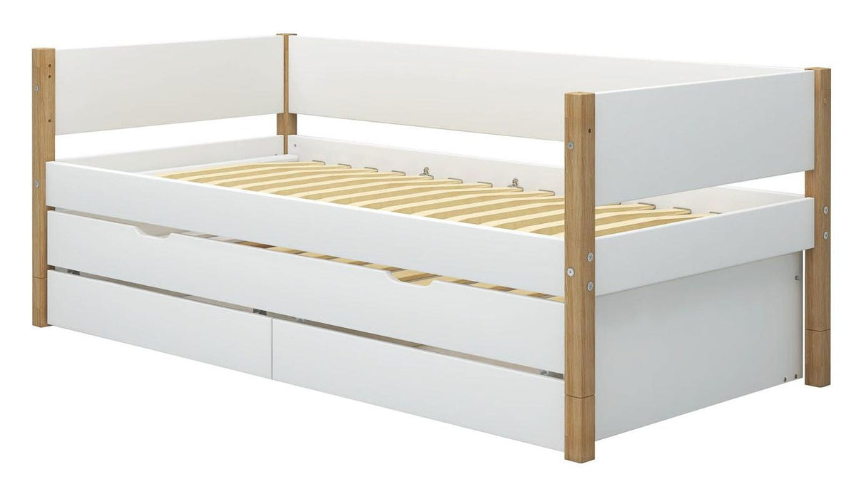 FLEXA Nor Children's bed with pull-out bed and drawers, White. 90x200 m. oak bone