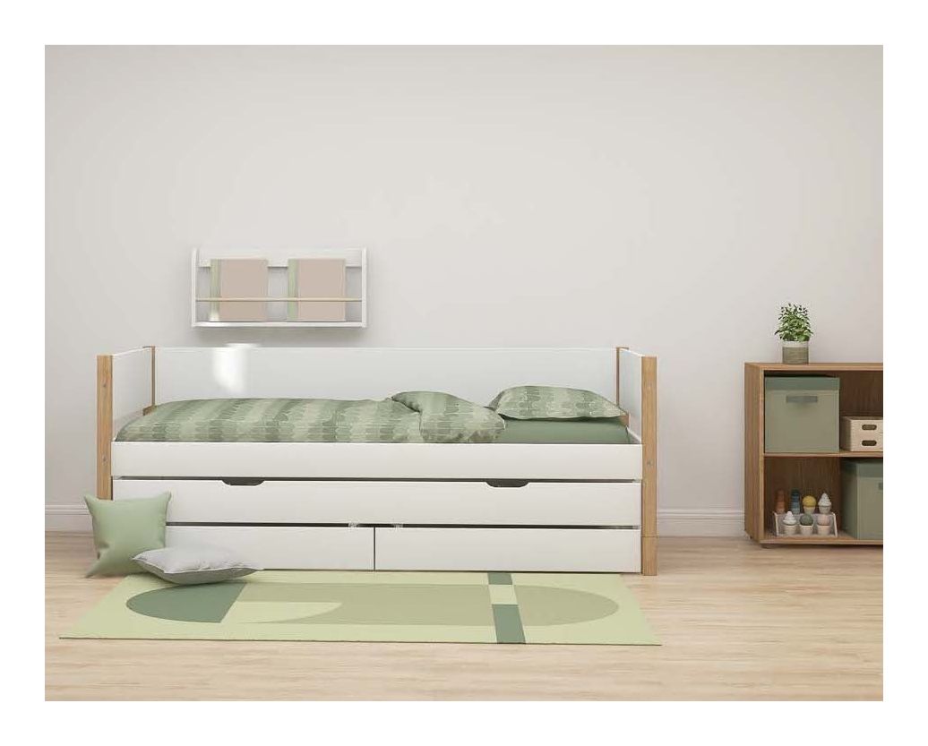 FLEXA Nor Children's bed with pull-out bed and drawers, White. 90x200 m. oak bone