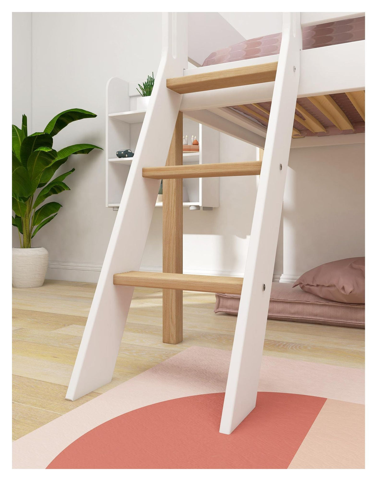 FLEXA Nor Half-high bed white 90x200 m. oak leg, inclined ladder