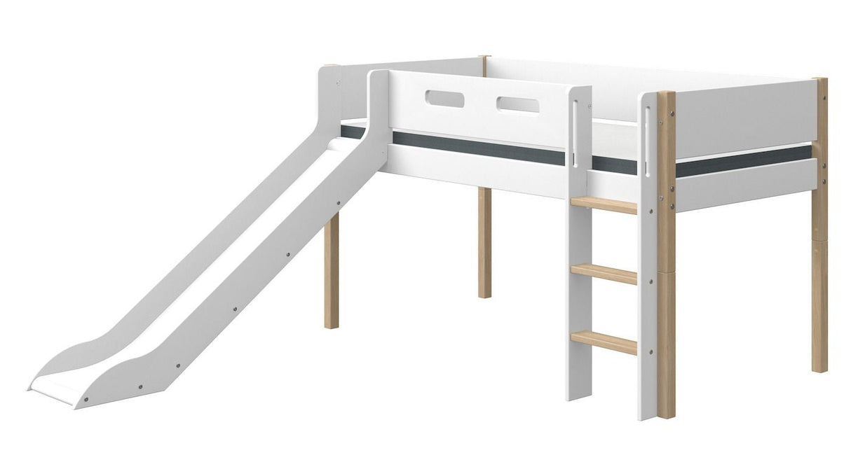 FLEXA Nor Half-high bed with slide white 90x200 m. oak legs, straight ladder