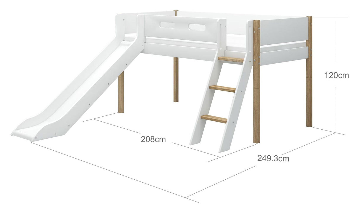 FLEXA Nor Half-high bed with slide white 90x200 m. oak legs, inclined ladder