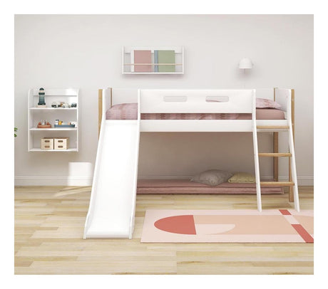 FLEXA Nor Half-high bed with slide white 90x200 m. oak legs, inclined ladder