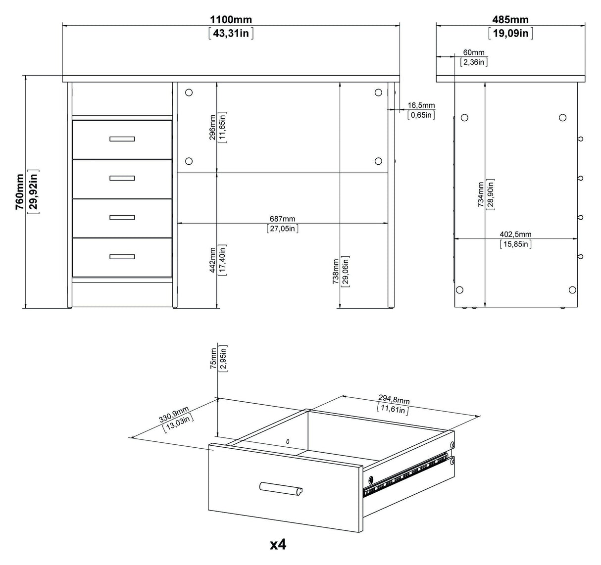 Function Desk - White w/4 drawers