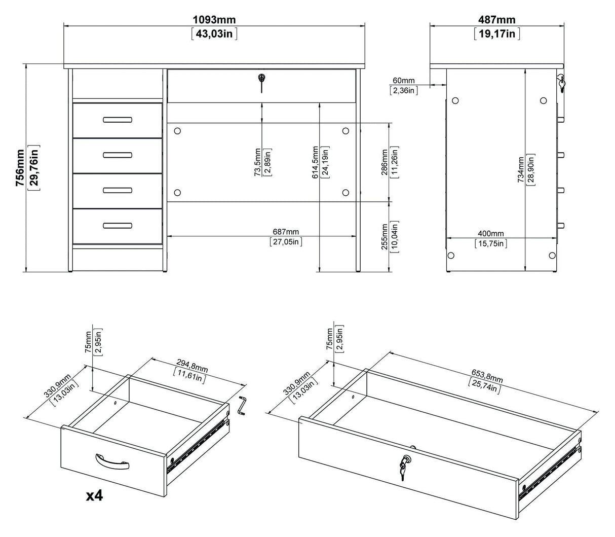 Function Desk - White w/5 drawers