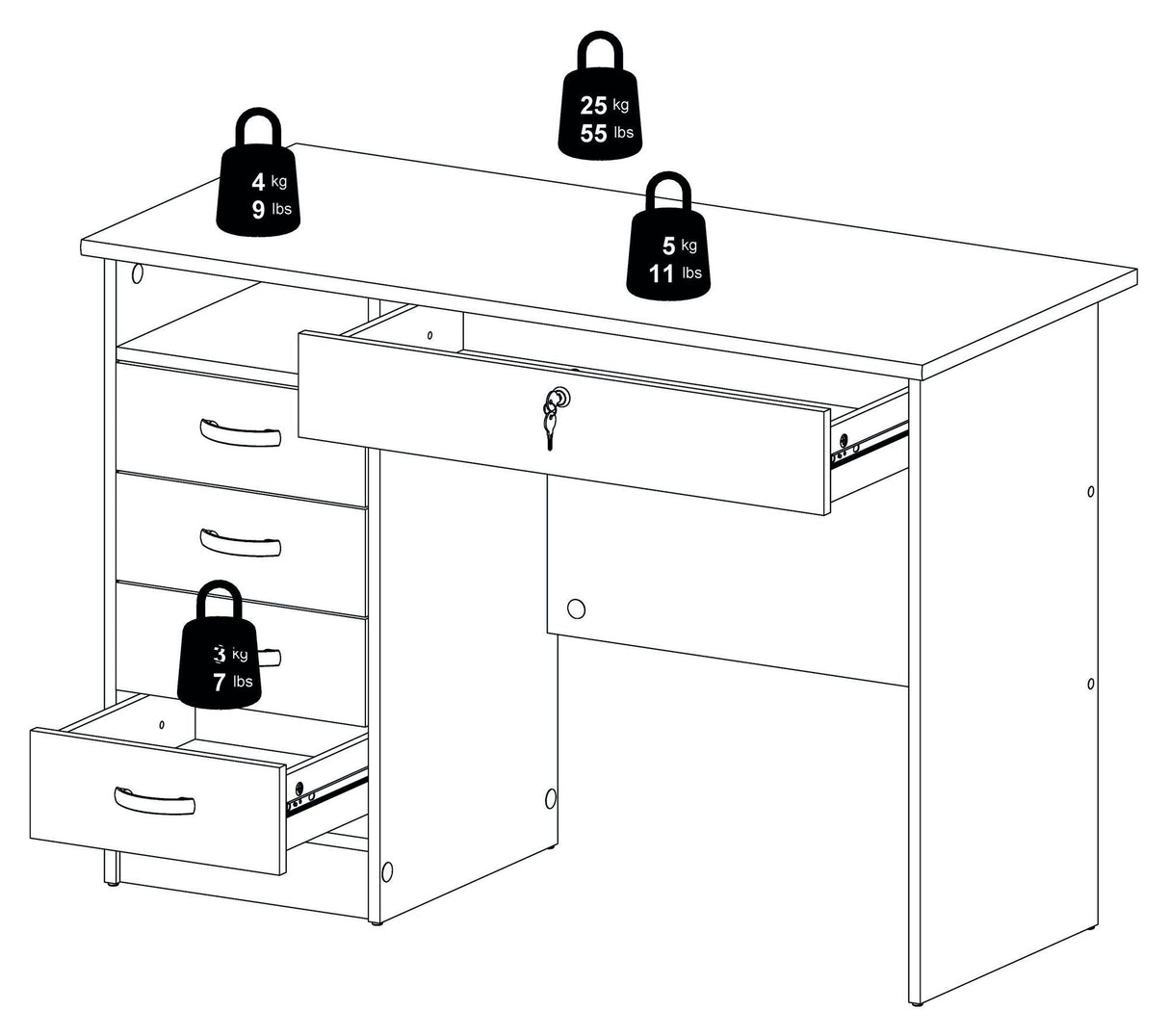 Function Desk - White w/5 drawers