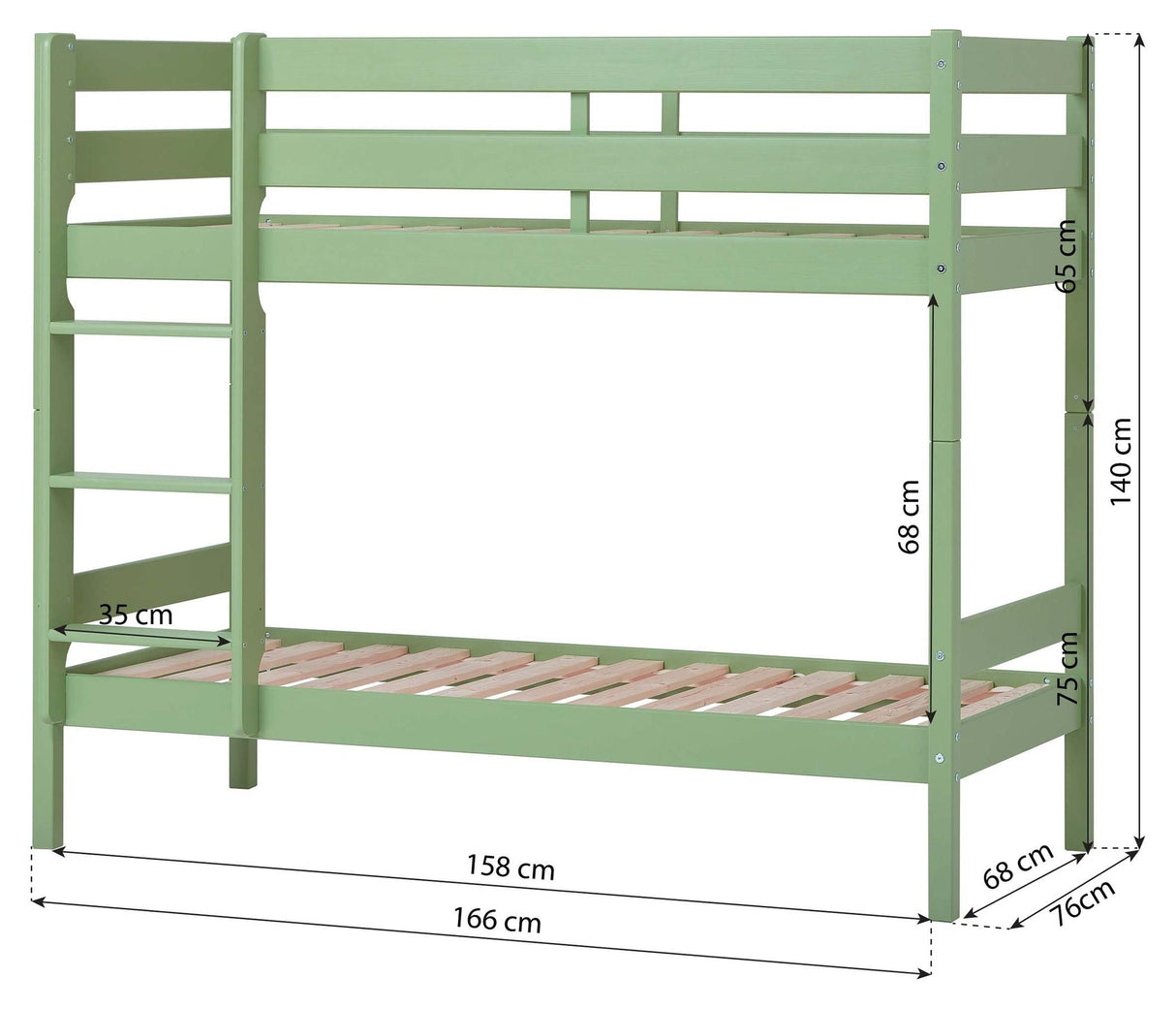 ECO Comfort bunk bed incl. slatted base 70x160 cm, Pale Green