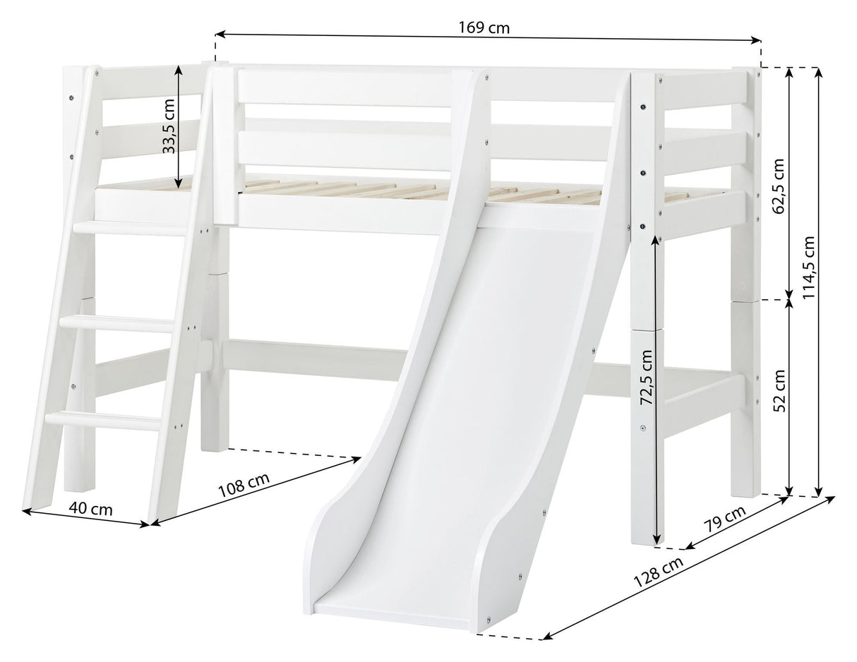 ECO Luxury Half-high bed with ladder, slide and gray curtain 70x160, White