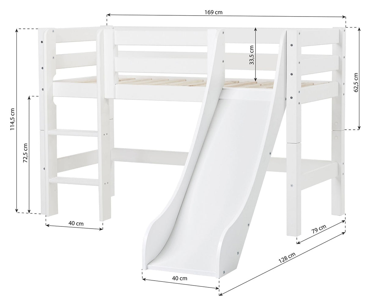 ECO Luxury Half-high bed with ladder, slide and Cloud curtain 70x160, White