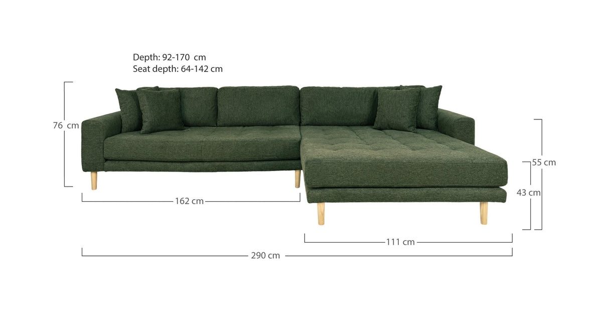 Lido Lounge Sofa with 4 pillows, right facing, Olive green