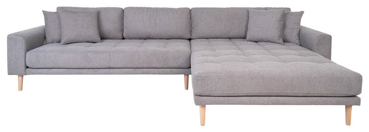 Lounge sofa w. right-facing chaise longue, Light gray w. cushions and nature wooden legs