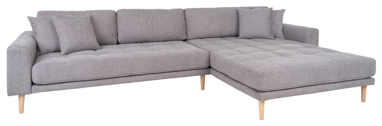 Lounge sofa w. right-facing chaise longue, Light gray w. cushions and nature wooden legs