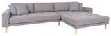 Lounge sofa w. right-facing chaise longue, Light gray w. cushions and nature wooden legs