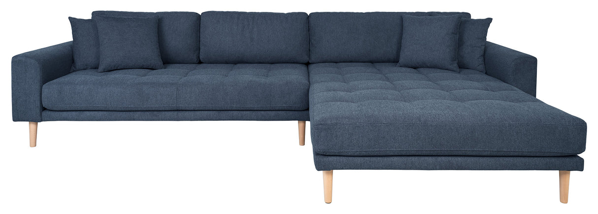 Lounge sofa w. right-facing chaise longue, dark blue w. cushions and nature wooden legs