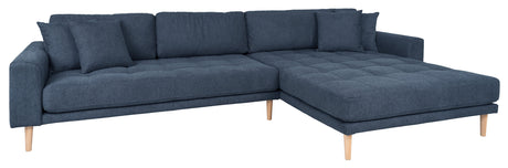 Lounge sofa w. right-facing chaise longue, dark blue w. cushions and nature wooden legs