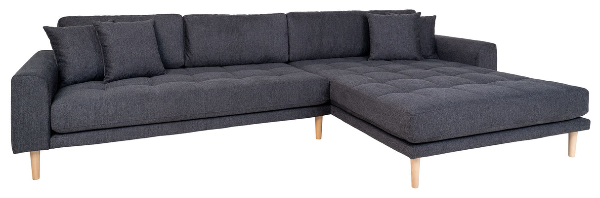 Lounge sofa w. right-facing chaise longue, dark gray w. cushions and nature wooden legs