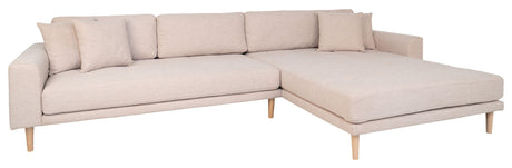 Lounge sofa with right-facing chaise longue, Sand with cushions and nature wooden legs