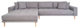 Lounge sofa with left-facing chaise longue, light gray with cushions and nature wooden legs