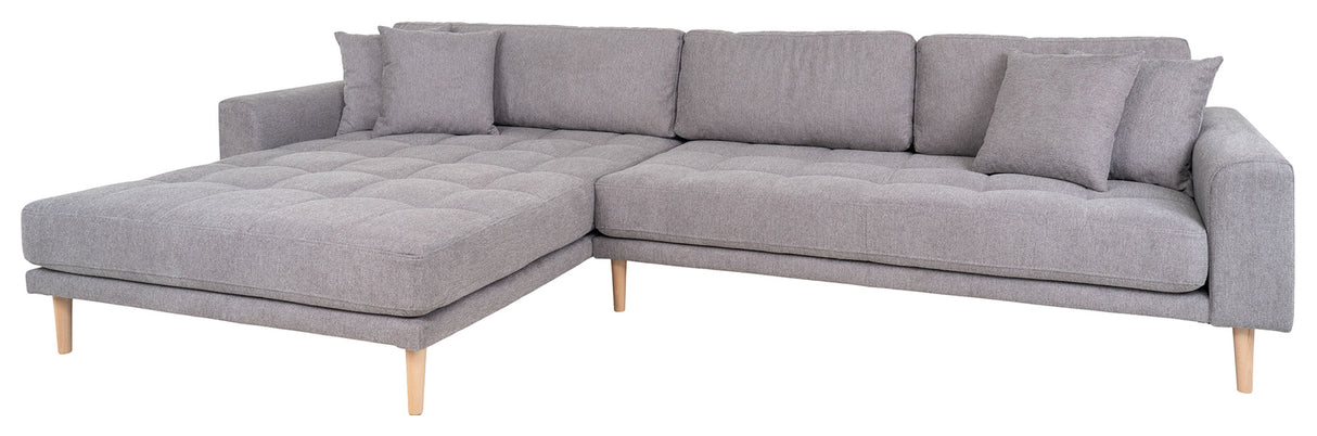 Lounge sofa with left-facing chaise longue, light gray with cushions and nature wooden legs