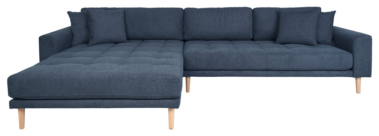 Lounge sofa with left-facing chaise longue, dark blue with cushions and nature wooden legs