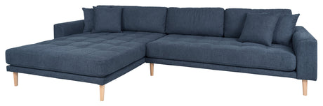 Lounge sofa with left-facing chaise longue, dark blue with cushions and nature wooden legs