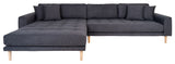 Lounge sofa with left-facing chaise longue, dark gray with cushions and nature wooden legs