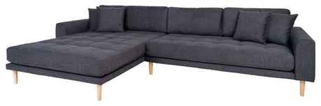 Lounge sofa with left-facing chaise longue, dark gray with cushions and nature wooden legs