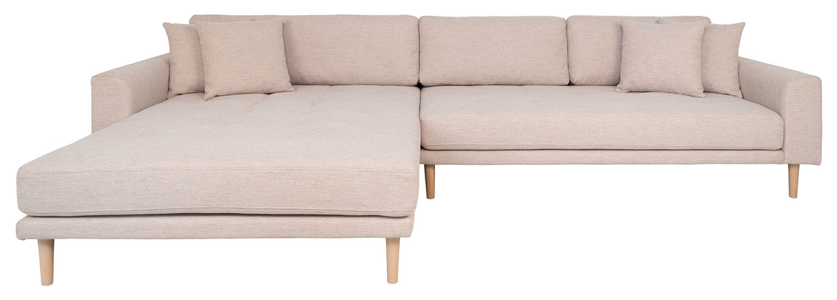 Lounge sofa with left-facing chaise longue, Sand with pillows and nature wooden legs