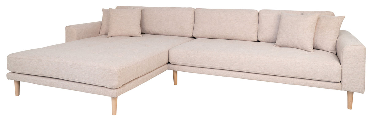 Lounge sofa with left-facing chaise longue, Sand with pillows and nature wooden legs