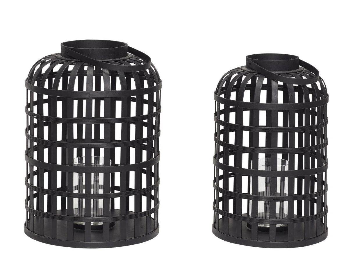 Hübsch Grid Lantern set w. glass, Black Bamboo