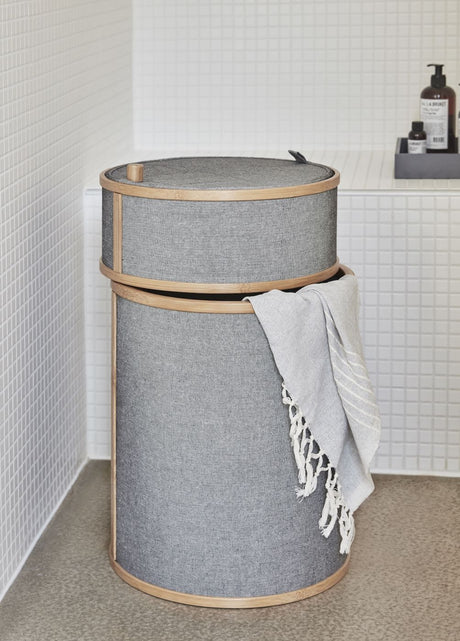 Hübsch Laundry basket Ø38m, Bamboo/Gray fabric