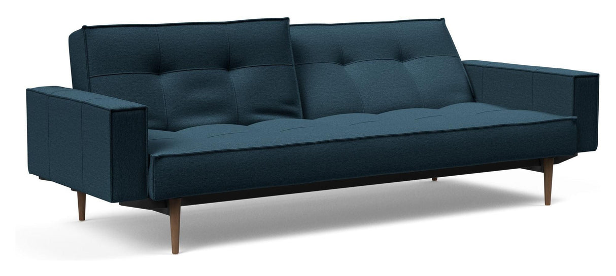 Splitback Styletto Sofa bed with armrests, Dark wood, Argus/Navy Blue