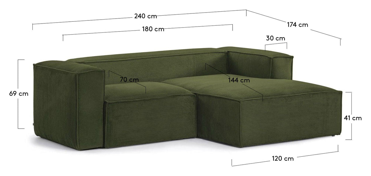 Block 2-pers. Sofa with right-facing chaise longue, B240, Green velvet