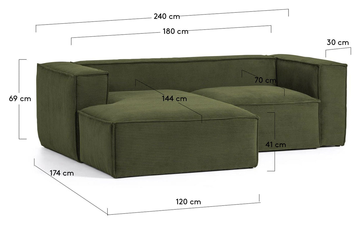 Block 2-pers. Sofa with left-facing chaise longue, B240, Green velvet