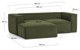 Block 2-pers. Sofa with left-facing chaise longue, B240, Green velvet