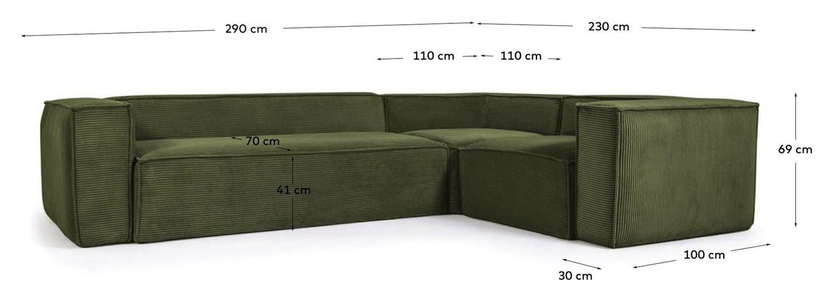 Block 3-pers. Corner sofa, 290x230, Green velvet