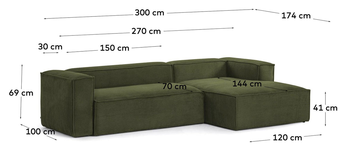 Block 3-pers. Sofa with right-facing chaise longue, B300, Green velvet