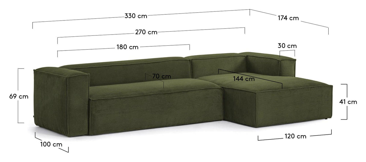 Block 4-pers. Sofa with right-facing chaise longue, B330, Green velvet