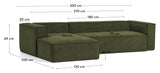 Block 3-pers. Sofa with left-facing chaise longue, B330, Green velvet