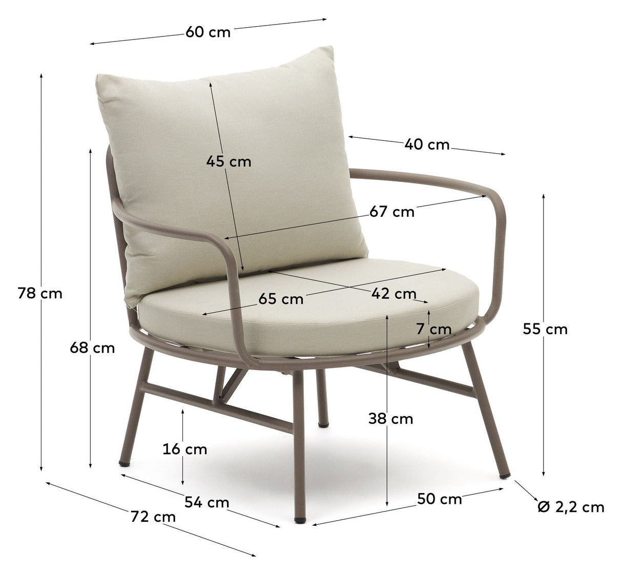 Bramant Lounge Chair with armrests, Taupe steel