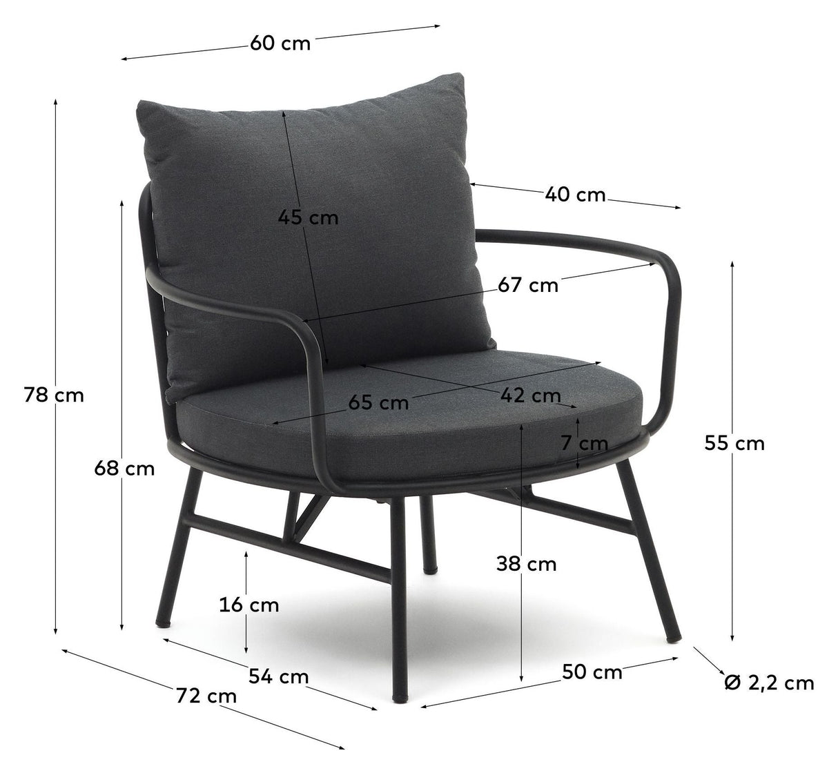 Bramant Lounge Chair with armrests, Black steel