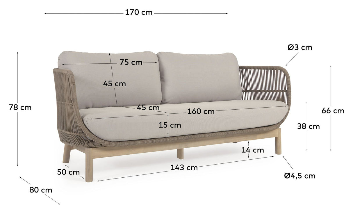 Catalina 3-pers. Lounge bed with beige rope, Acacia wood